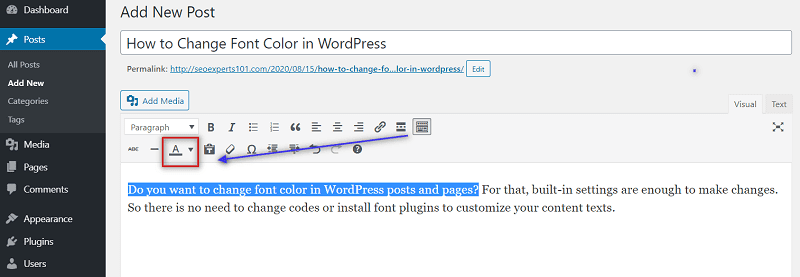 Change font color in wordpress